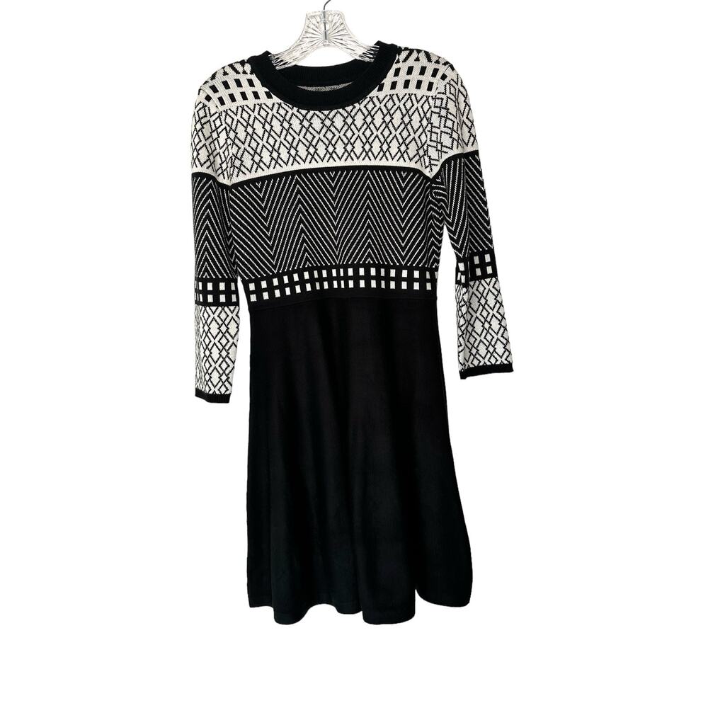 Eliza‎ J Dress Black White Knit Office Career Crewneck Work Sweater Dress Medium